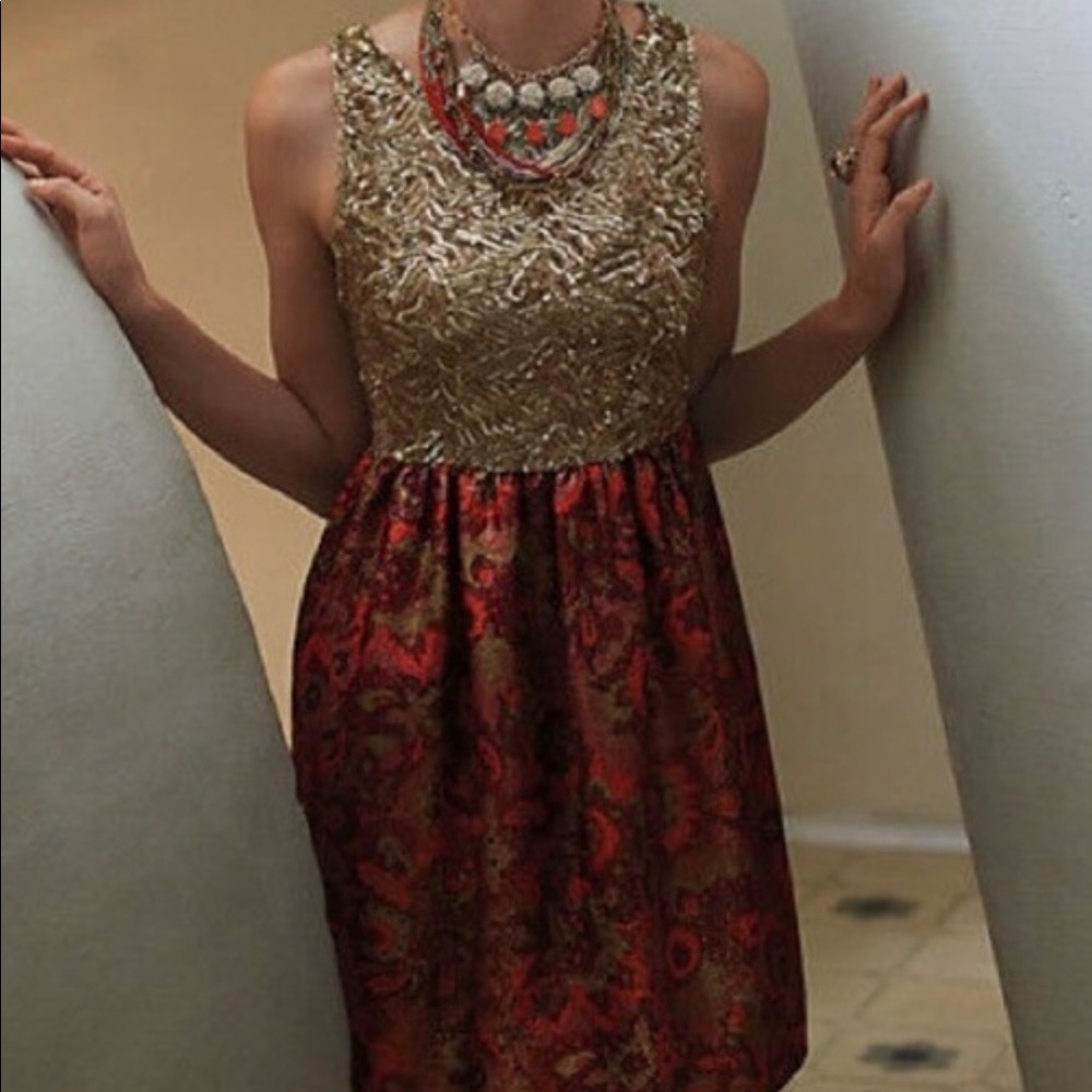 Anthropologie Wren Gold Sequin Jacquard Dress